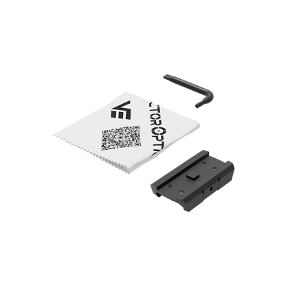 Lieferumfang des Scrapper 1×25 Mini Rotpunktvisiers: Montageplatte, Inbusschlüssel und Reinigungstuch für einfache Installation.