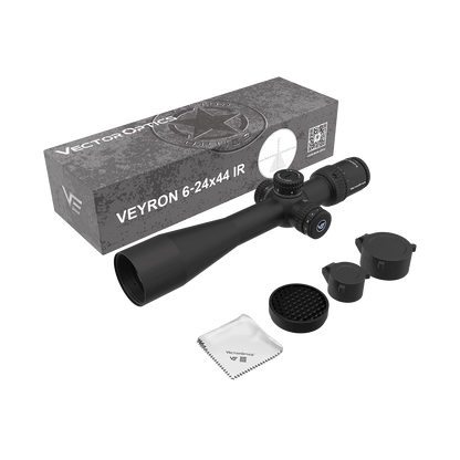 Veyron 6-24x44IR Zielfernrohr im Set mit Zubehör wie Linsenabdeckungen, Reinigungstuch und Wabenfilter – perfekt für Jagdabenteuer.