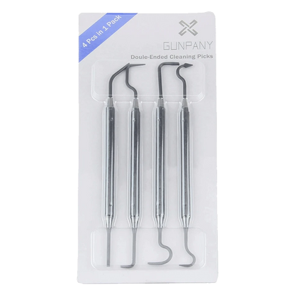 Verpacktes 4er-Set Polymer Reinigungspicks mit 8 Hakenkombinationen, perfekt für schwer erreichbare Stellen bei Kameraoptiken.
