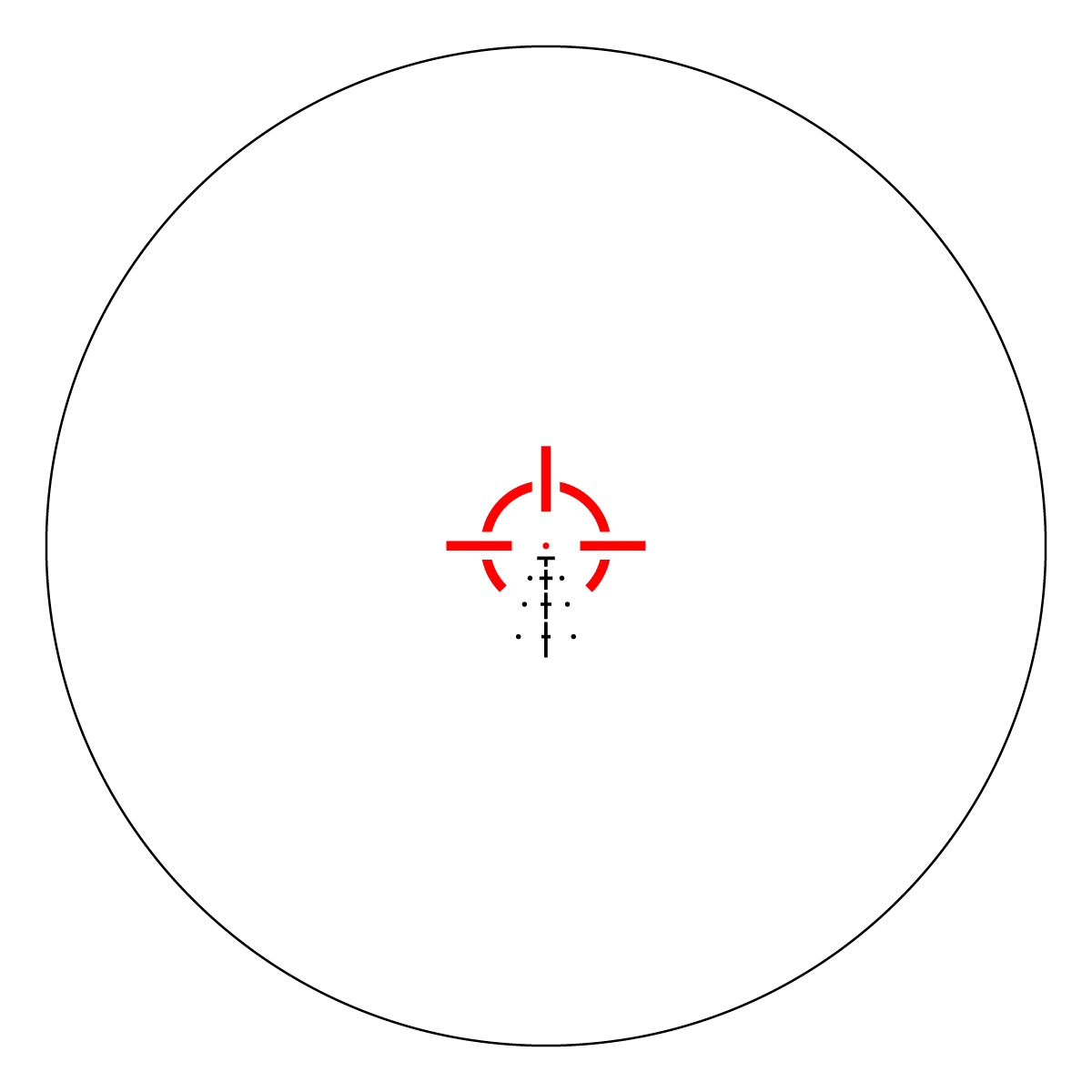 BDC-Absehen des Vector Optics Prismenvisiers in roter Beleuchtung, ermöglicht präzises Zielen auf verschiedene Entfernungen im Einsatz.