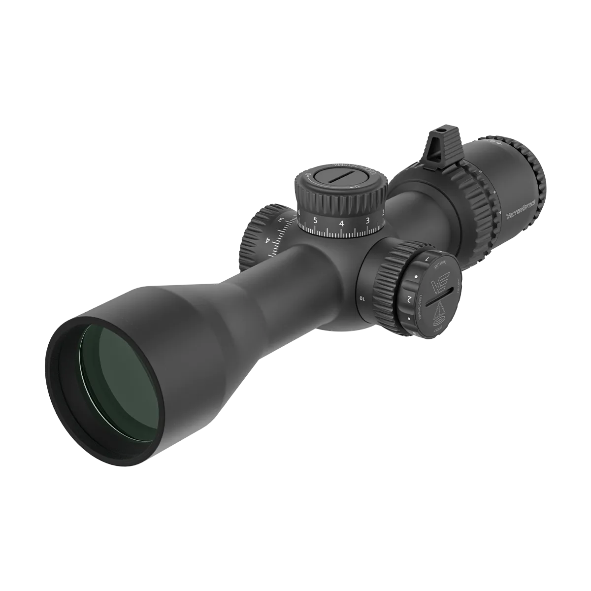 Seitliche Perspektive des Veyron GenII 4-16x44 HD CTR Zielfernrohrs mit grün beschichteter Linse für klare Zielerfassung.