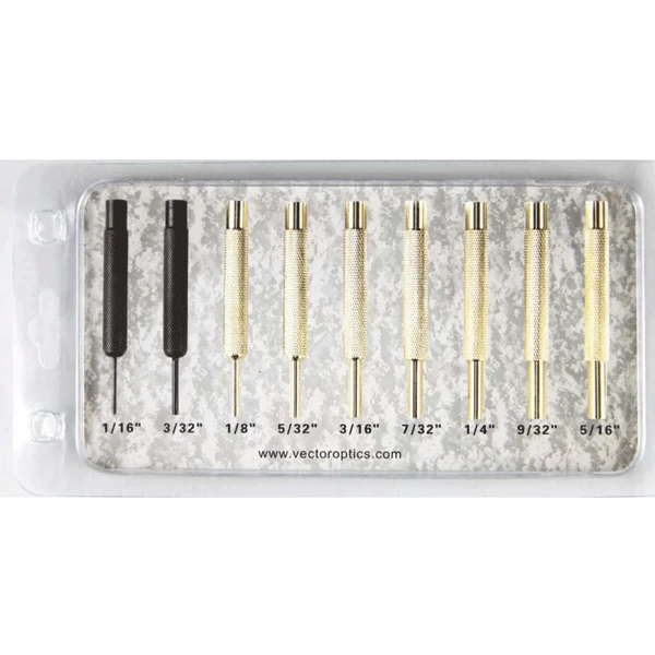 Vector Optics 9er-Set Durchschläge in Blisterverpackung, ideal für Waffenpflege mit Größenangaben von 1/16 bis 5/16 Zoll aus Edelstahl & Messing.