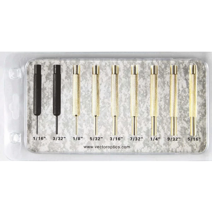 Vector Optics 9er-Set Durchschläge in Blisterverpackung, ideal für Waffenpflege mit Größenangaben von 1/16 bis 5/16 Zoll aus Edelstahl & Messing.