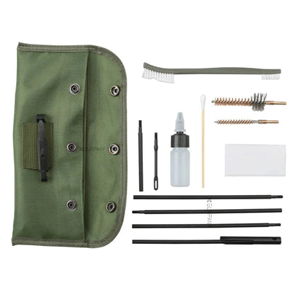 AR15 Reinigungsset 12-teilig mit Nylonbürste, Messingbürsten, Patch-Halter, Ölflasche und Reinigungsstäben in praktischer Klapptasche.