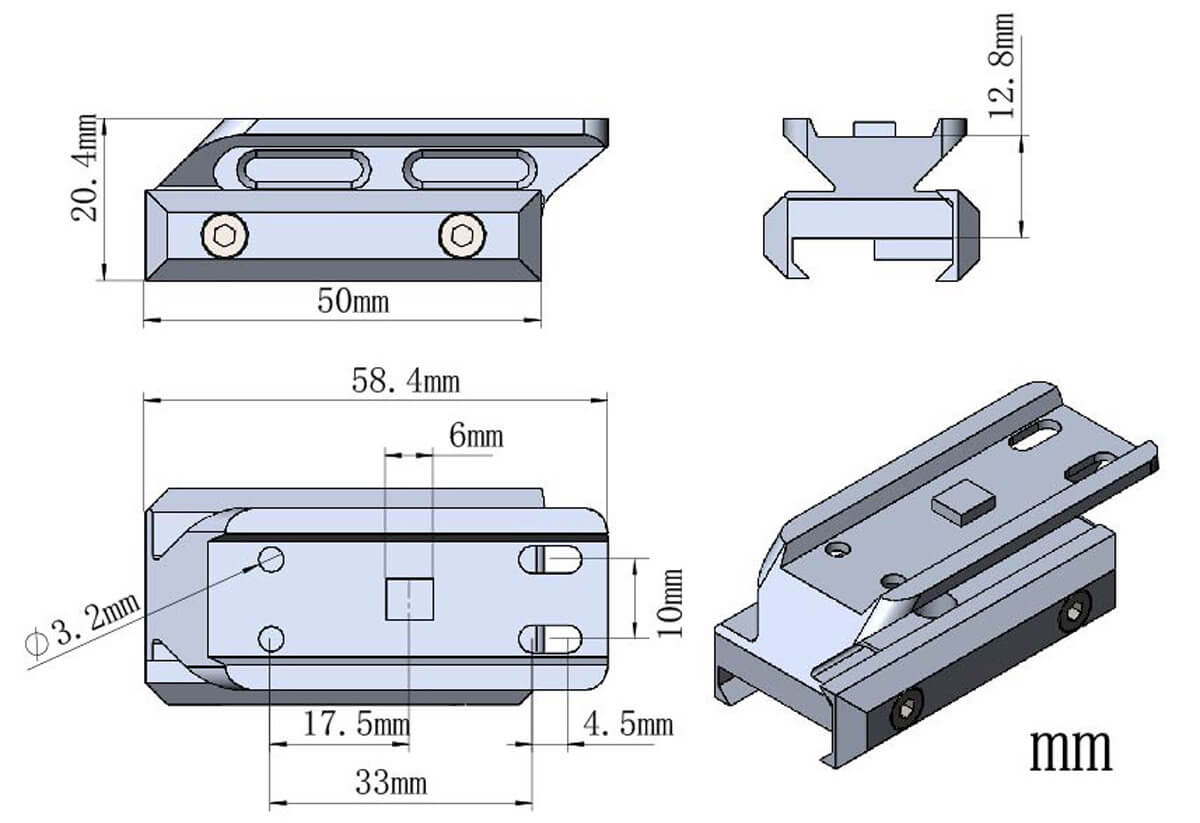Technische Zeichnung der Montage RUM auf Picatinny Höhe 12.8mm - Riser Mount MAV-P05 mit genauen Maßen und Bohrungsdetails.