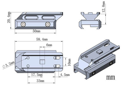 Technische Zeichnung der Montage RUM auf Picatinny Höhe 12.8mm - Riser Mount MAV-P05 mit genauen Maßen und Bohrungsdetails.