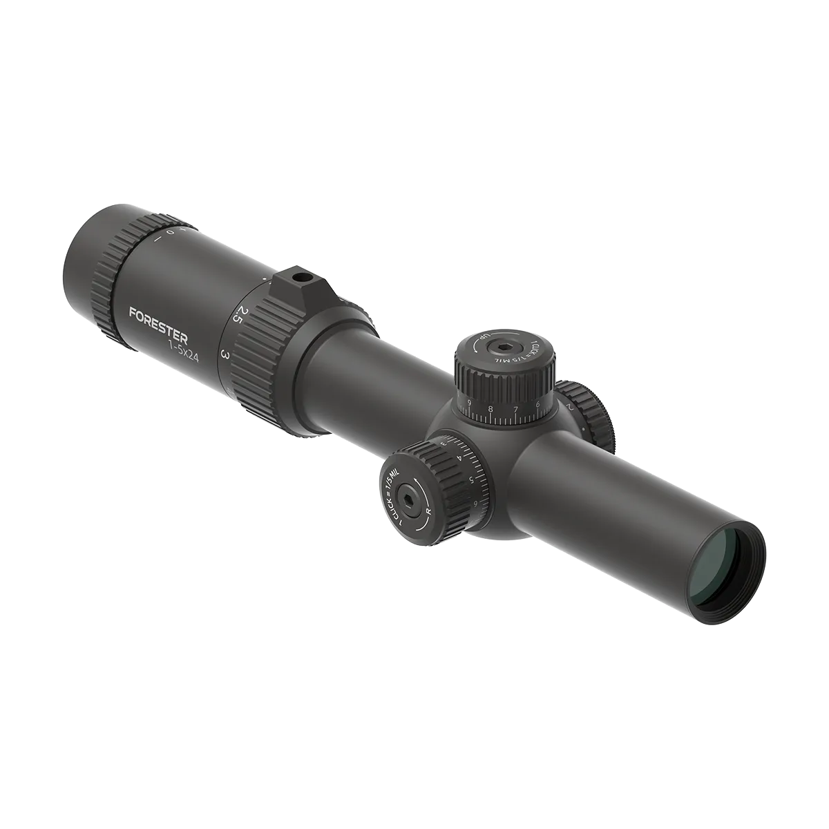 LPVO-Zielfernrohr Forester 1-5x24 SFP Fiber (SCOC-54) mit seitlichem Turm und robustem Gehäuse für dynamisches Schießen und kleine Wildjagd.