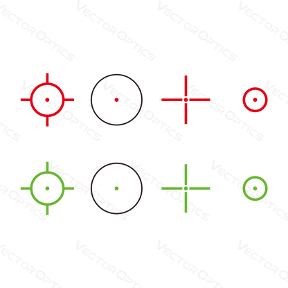 Vier auswählbare Absehen des Omega 1×23×33 Reflexvisiers SCRD‑48 in Rot und Grün, ideal für verschiedene Lichtverhältnisse und Zielpräferenzen.