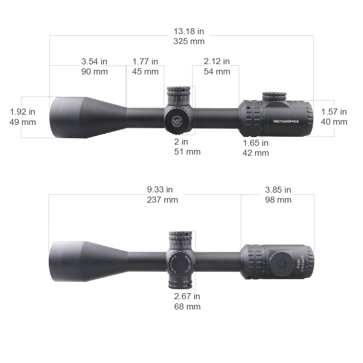 Technische Zeichnung des Hugo 3–12×44GT SFP Zielfernrohrs mit genauen Abmessungen für Montage und Kompatibilität.