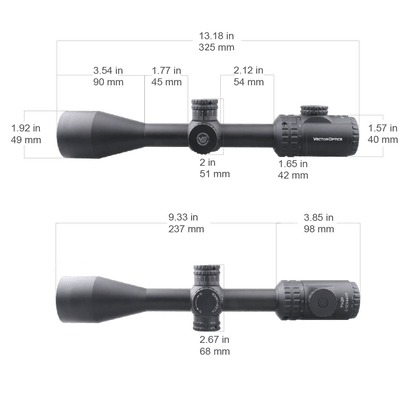 Technische Zeichnung des Hugo 3–12×44GT SFP Zielfernrohrs mit genauen Abmessungen für Montage und Kompatibilität.