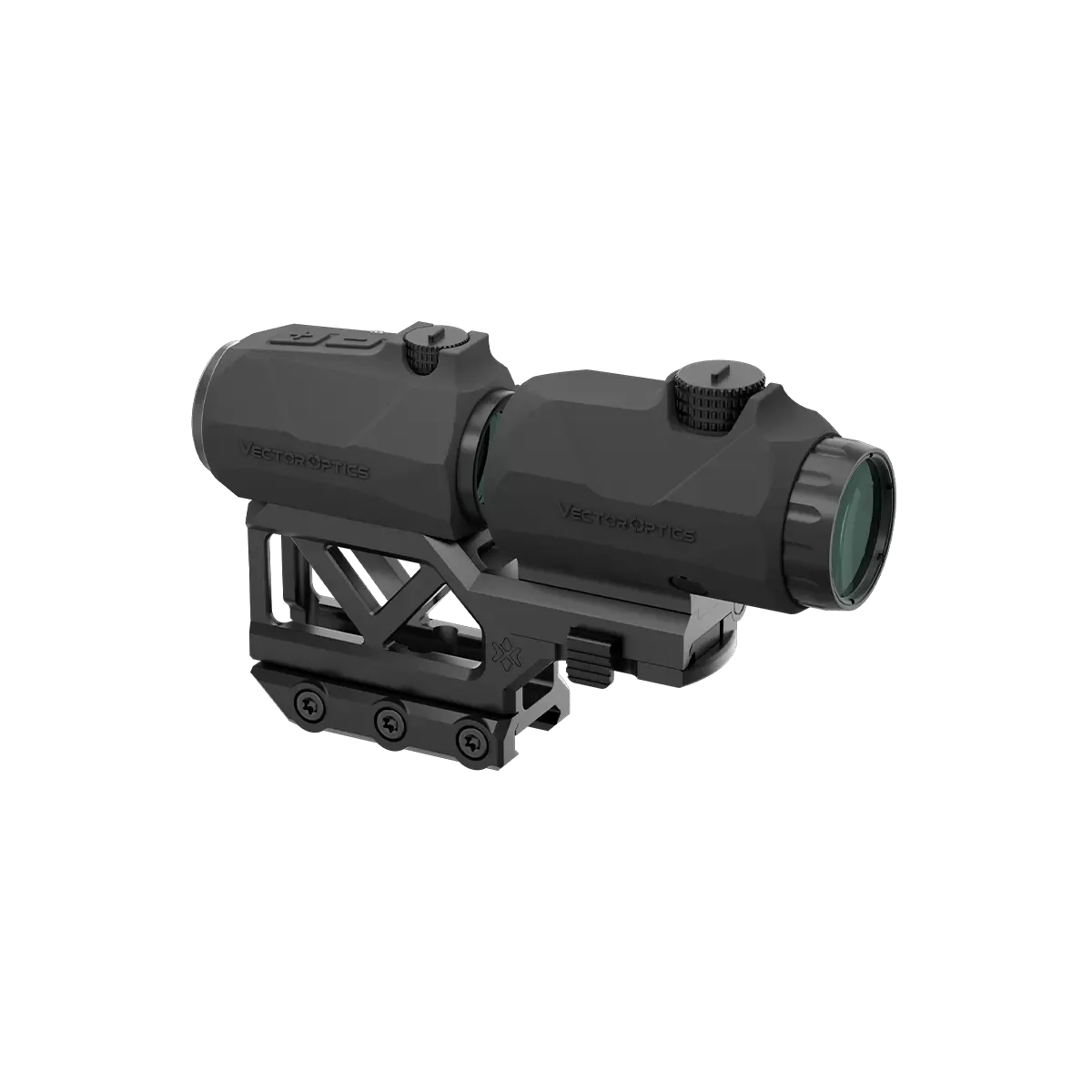 Seitliche Perspektive des Maverick One-Piece Flip-Magnifiers mit fester Montage für taktische Gewehre, kompatibel mit Paragon Vergrößerern.