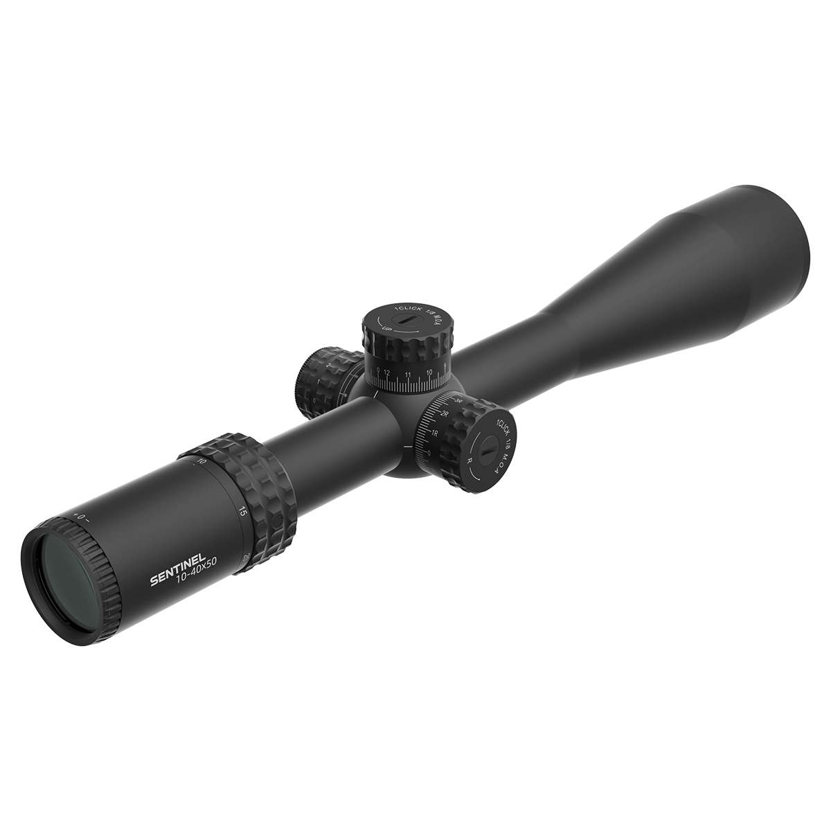 Seitliche Ansicht des Sentinel-X 10-40x50 Vector Optics Zielfernrohrs mit klar sichtbarer Vergrößerungsskala und taktischen Einstelltürmen.