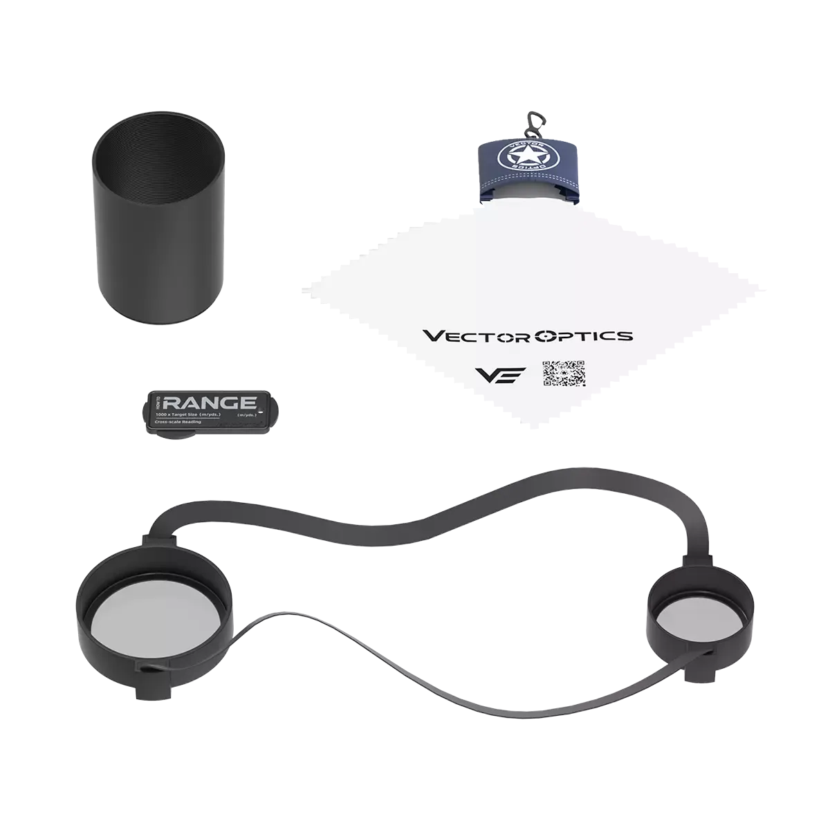 Lieferumfang des Tauron 4-16x44 Scope - Vector Optics Zielfernrohrs inklusive Sonnenblende, Reinigungstuch, Batterie und Objektivschutz.