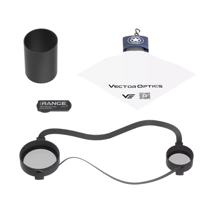 Lieferumfang des Tauron 4-16x44 Scope - Vector Optics Zielfernrohrs inklusive Sonnenblende, Reinigungstuch, Batterie und Objektivschutz.
