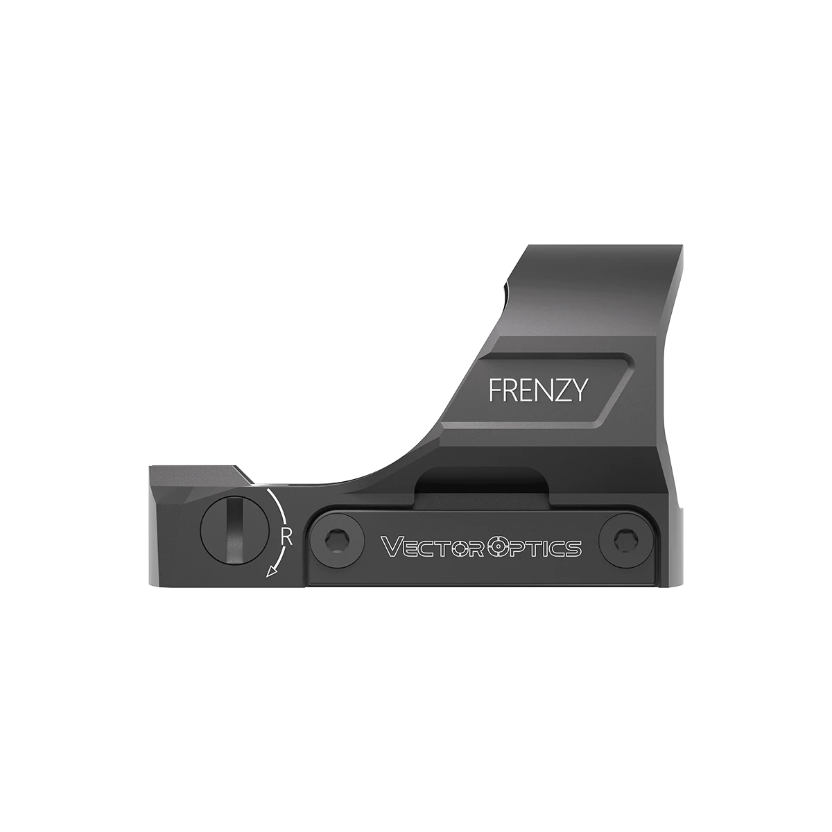 Seitenansicht des Frenzy-S 1x19x28 Red Dot Visiers mit Vector Optics Logo und Einstellrad. Robuste Bauweise für Langzeitnutzung.