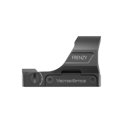 Seitenansicht des Frenzy-S 1x19x28 Red Dot Visiers mit Vector Optics Logo und Einstellrad. Robuste Bauweise für Langzeitnutzung.