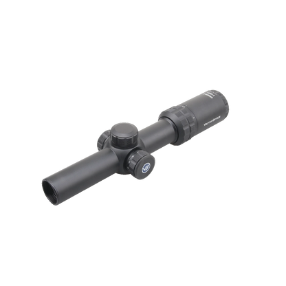 Grizzly 1–4×24 Zielfernrohr mit robustem Gehäuse und präziser Justierung, ideal für Drückjagden und taktische Anwendungen.