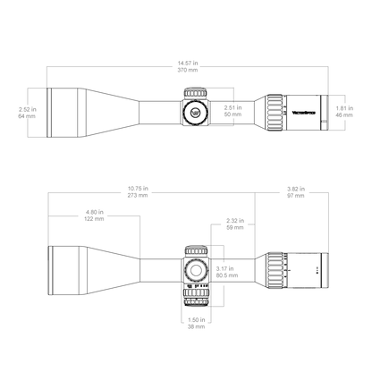 Technische Zeichnung des Continental x6 2.5-15x56 SFP Zielfernrohrs mit Maßangaben. Detaillierte Abmessungen für präzise Montageplanung.