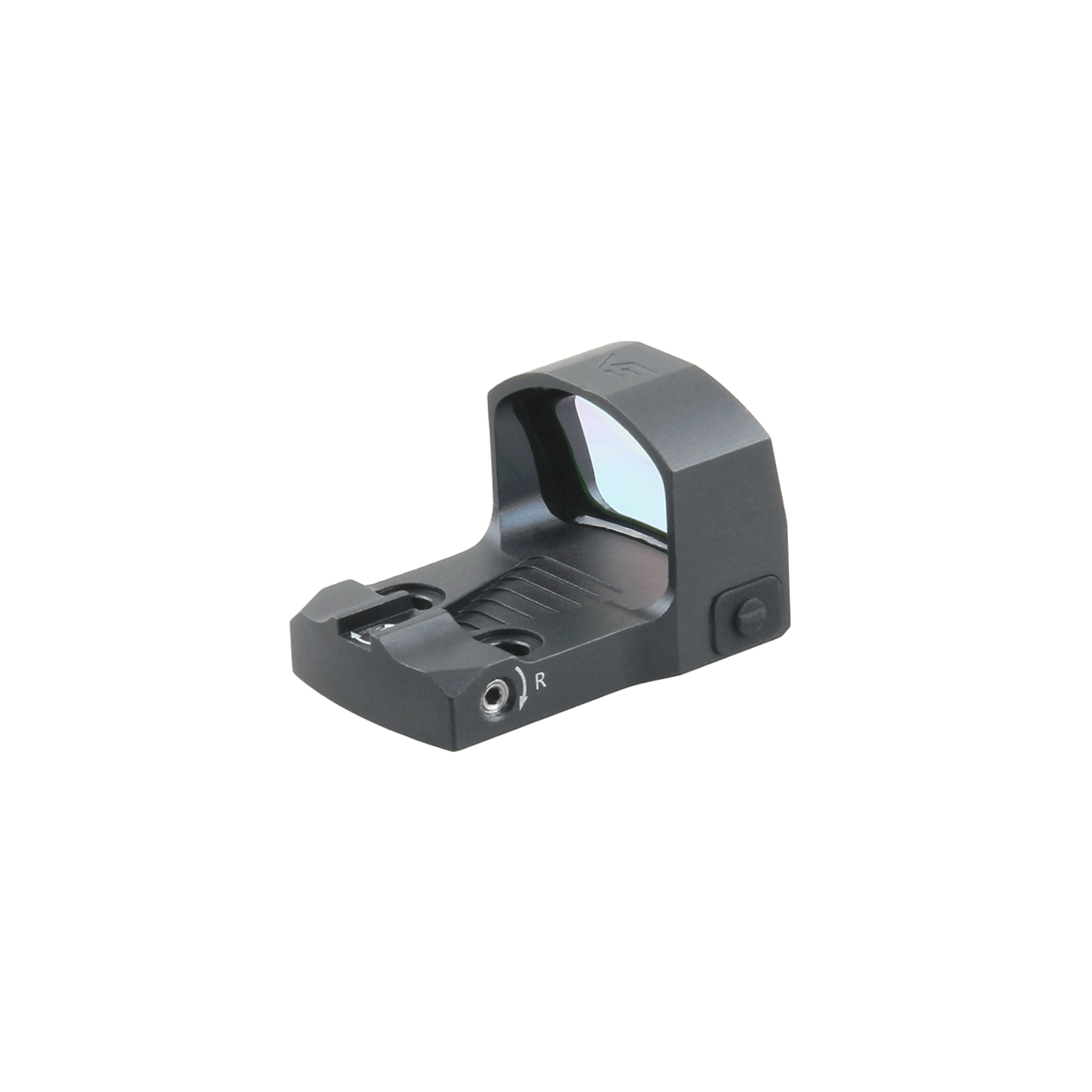 Rückseitige Perspektive des Frenzy-S Red Dot Sights mit klarer Sicht auf das offene Visierfenster und die Bedienelemente.