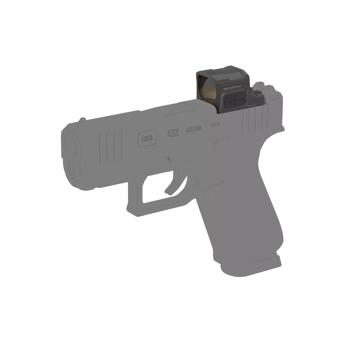 Frenzy-S Red Dot Visier montiert auf Glock 43X Pistole. Robuste Optik für präzises Zielen im taktischen Einsatz.