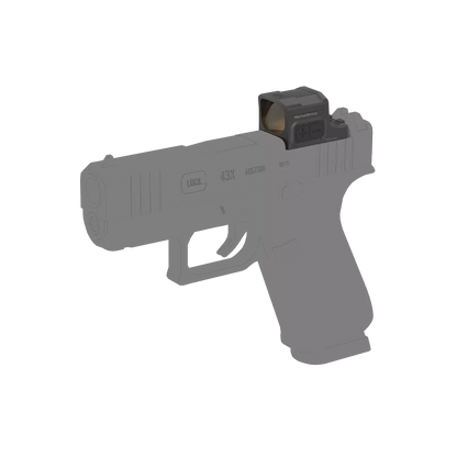 Frenzy-S Red Dot Visier montiert auf Glock 43X Pistole. Robuste Optik für präzises Zielen im taktischen Einsatz.