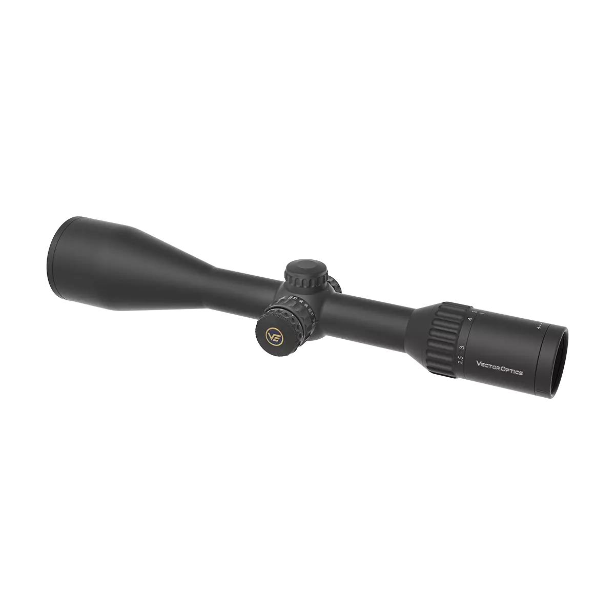 Schrägansicht des Vector Optics Zielfernrohrs 2.5-15x56 mit SFP-Absehen. Ideal für präzise Korrekturen bei variabler Vergrößerung.