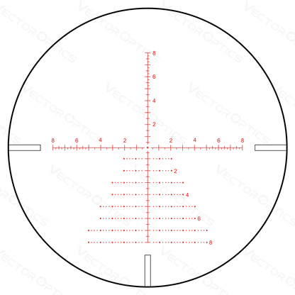 Absehen-Ansicht des Continental x8 3-24x56 SFP mit beleuchtetem Fadenkreuz für präzises Zielen bei verschiedenen Entfernungen.