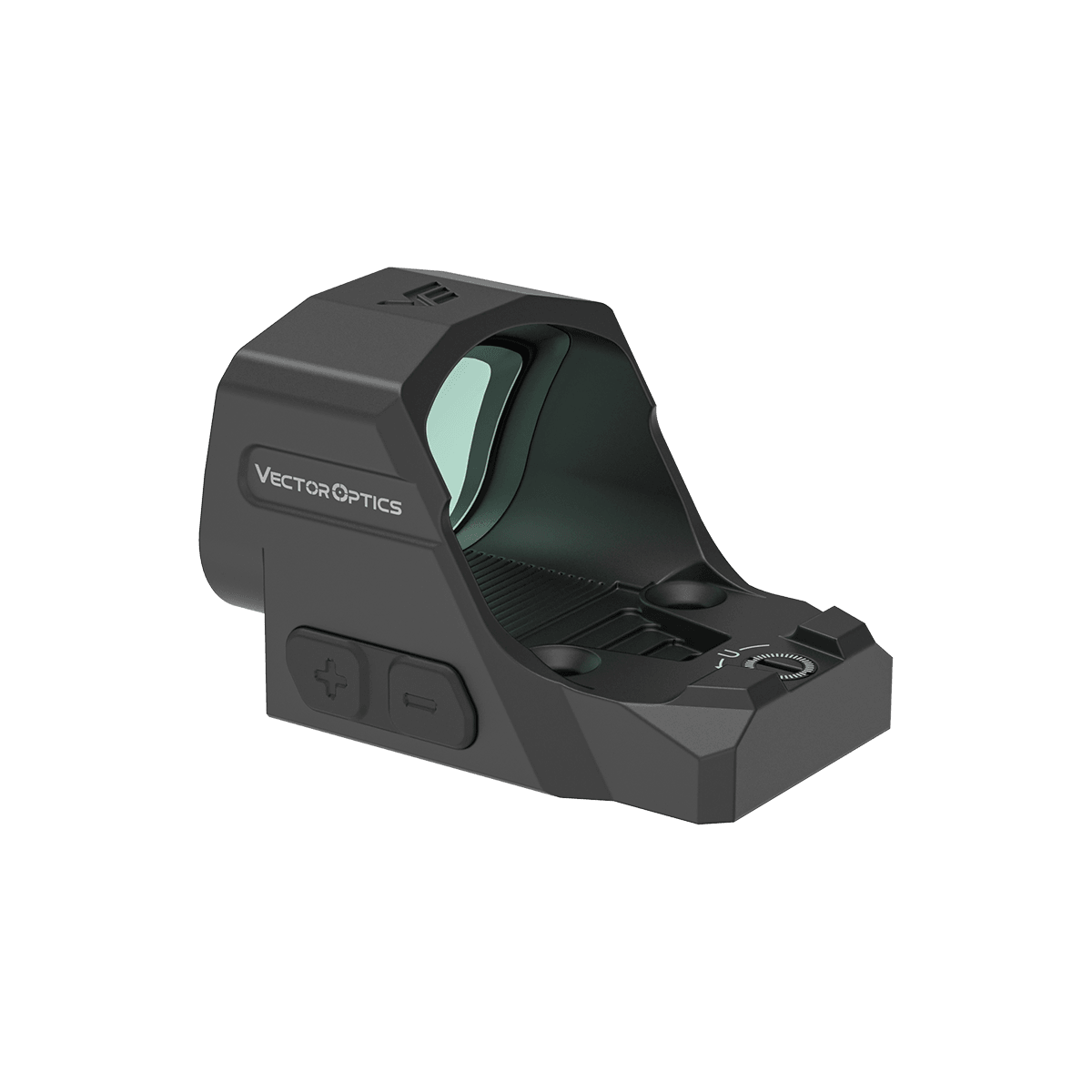 Seitliche Ansicht des Frenzy 1x24x29 GenII 6MOA (SCRD-76) von Vector Optics mit Bedientasten für einfache Helligkeitseinstellung.