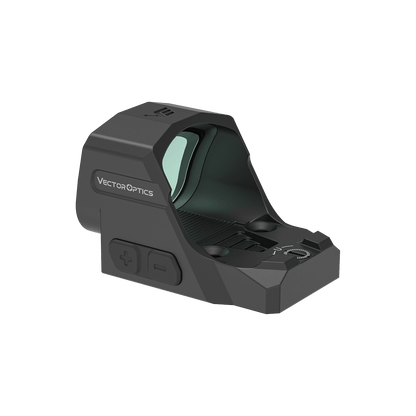 Seitliche Ansicht des Frenzy 1x24x29 GenII 6MOA (SCRD-76) von Vector Optics mit Bedientasten für einfache Helligkeitseinstellung.
