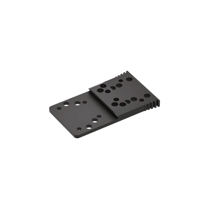 Rückseite der Universal Montageplatte SCFRM-21 für CZ Shadow 2 und SP-01, zeigt präzise Fräsung und Bohrmuster für Red-Dot-Optiken.