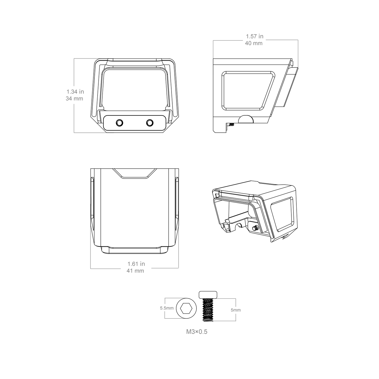 Technische Zeichnung der Aluminium Schutzkappe für SCRD-SM44 und SCRD-65 mit genauen Maßen für präzise Passform auf Red Dot Visieren.