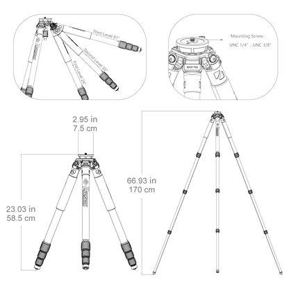 Technische Zeichnung des Tripod aus Karbon lang (RSCF-T02) von Vector Optics mit Maßen, Beinwinkeln und Montageoptionen.