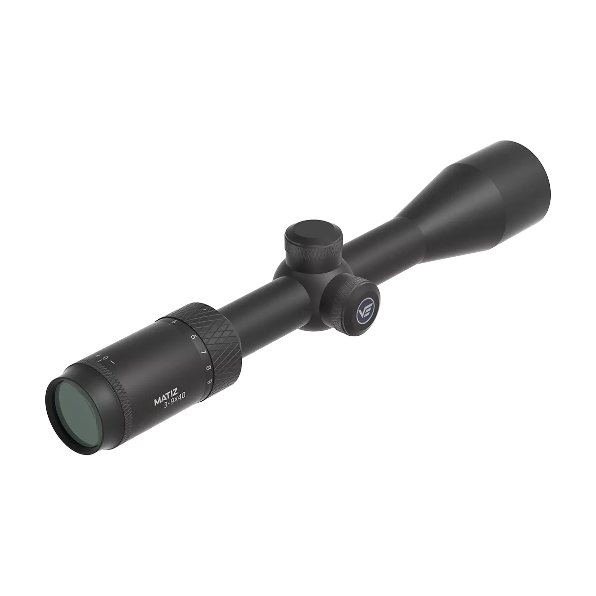 Seitliche Ansicht des Matiz 3–9×40 SFP Zielfernrohrs mit griffigem Zoomring und präziser Justierung für mittlere Schussdistanzen.