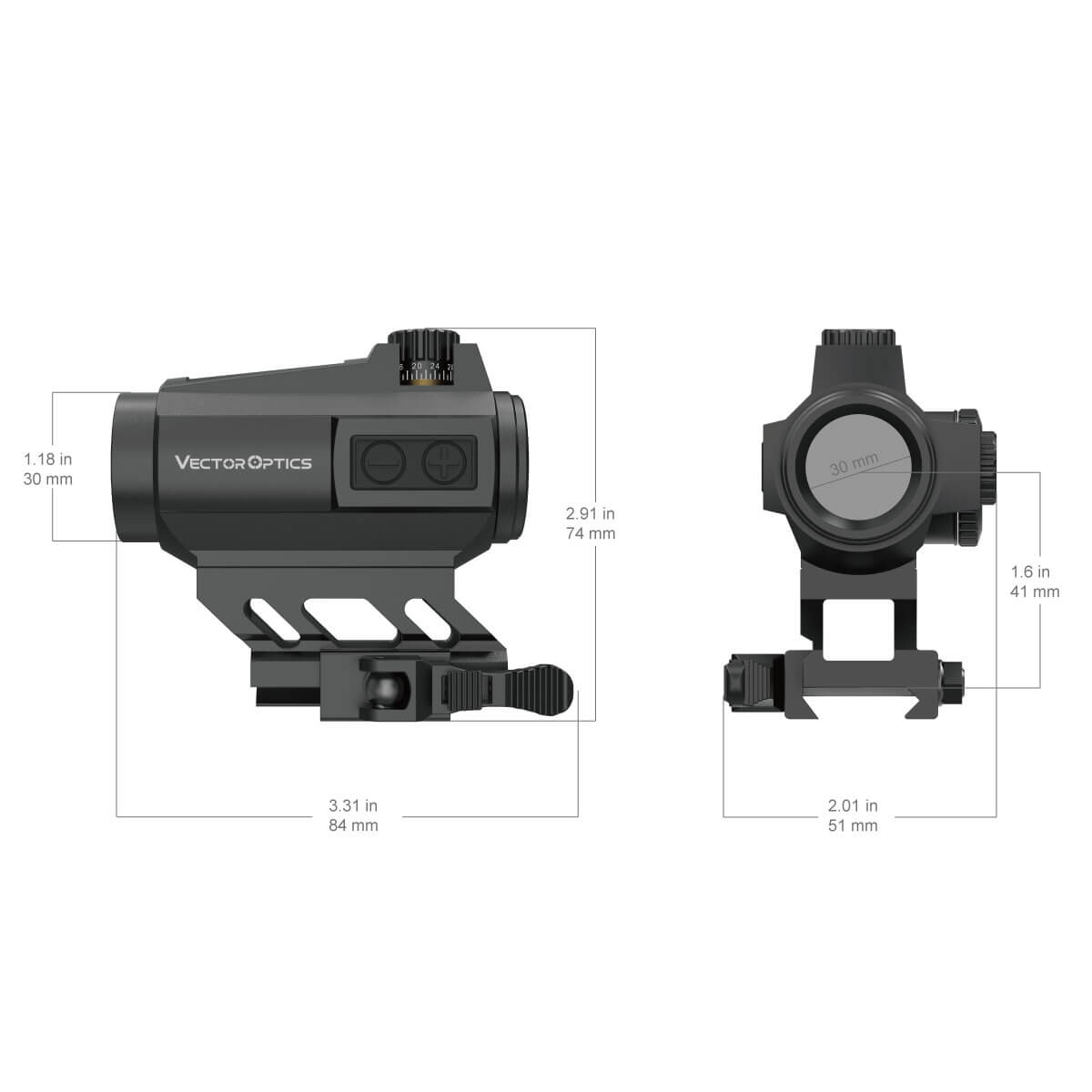 Technische Zeichnung des Maverick-II Plus Red Dot Sights mit Maßangaben, zeigt kompakte Bauweise für vielseitige Waffenmontage.