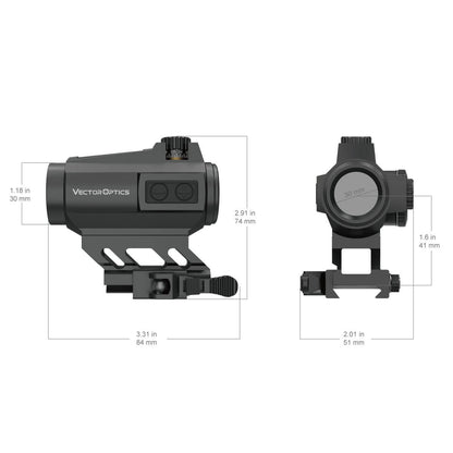Technische Zeichnung des Maverick-II Plus Red Dot Sights mit Maßangaben, zeigt kompakte Bauweise für vielseitige Waffenmontage.