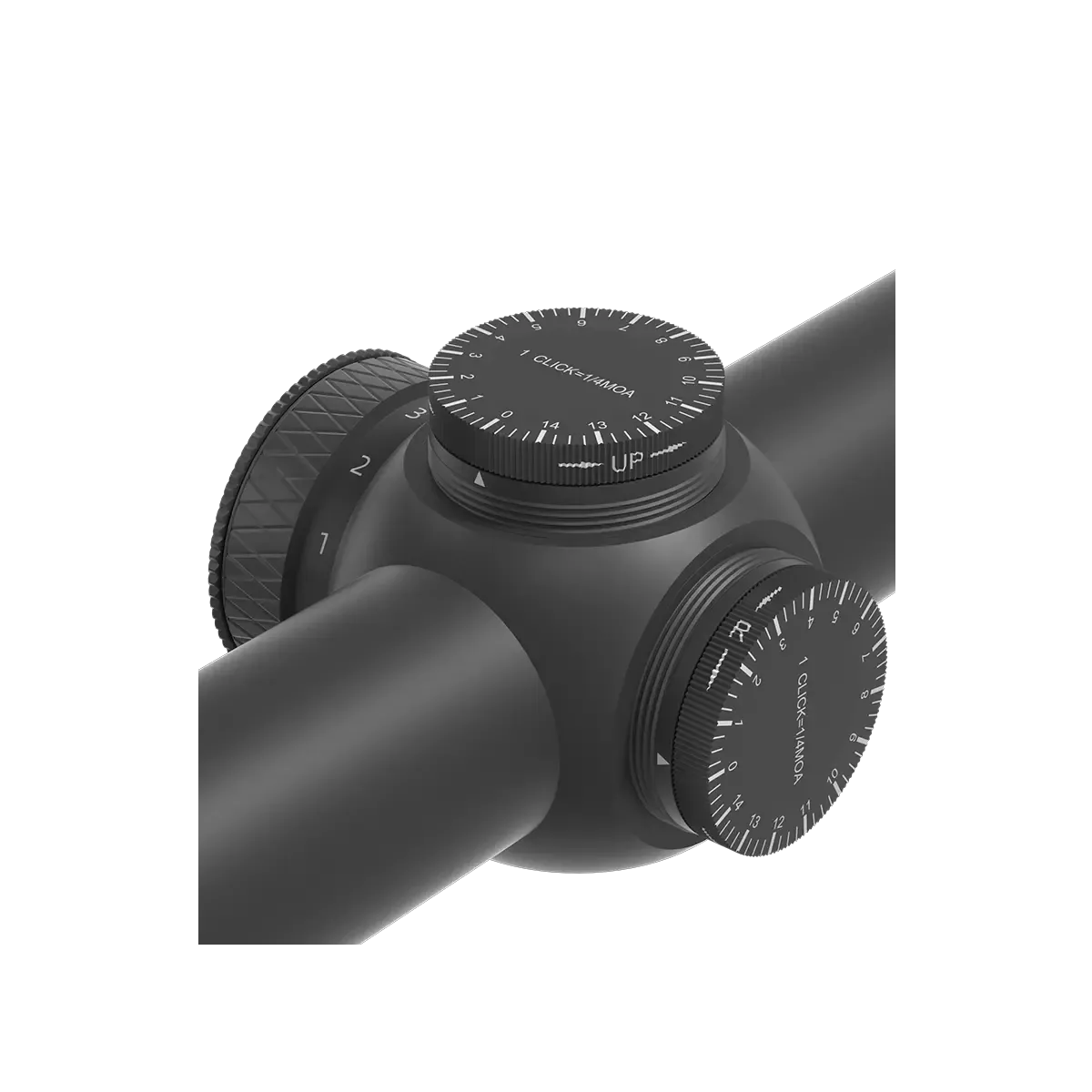 Detailansicht der Justierungstürme des Matiz 3-9x50 Zielfernrohrs mit präziser Klickverstellung für Höhe und Seite.