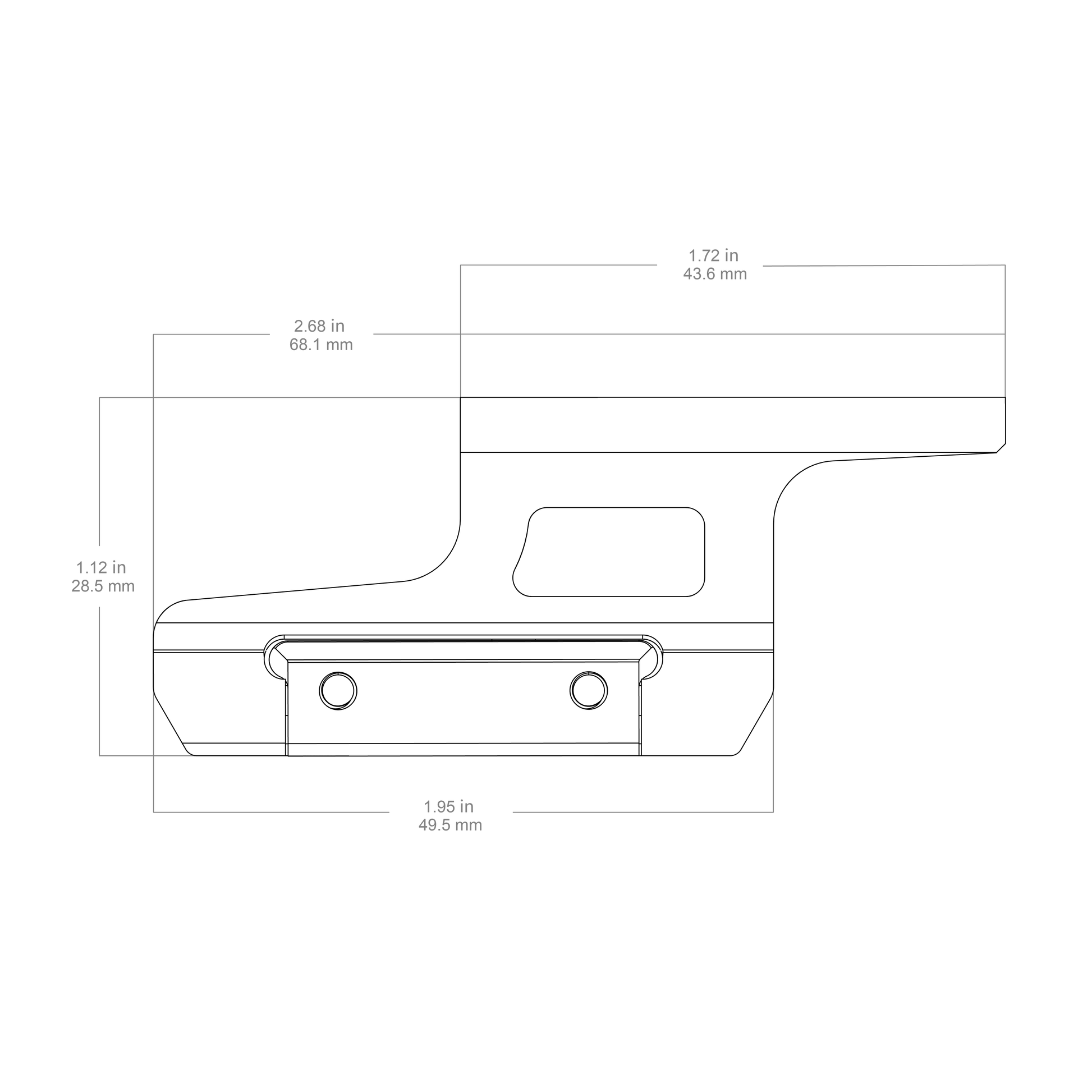 Technische Zeichnung der RUM Montage - Vector Optics Riser Mount mit genauen Maßen für T1/T2 Optiken und Picatinny-Kompatibilität
