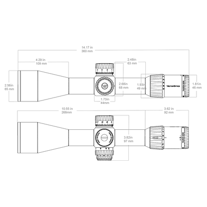 Technische Zeichnung des Tauron 4-32x56 ED SFP Zielfernrohrs mit genauen Maßangaben für Montage und Kompatibilität mit Optiksystemen.