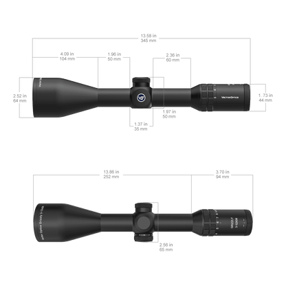 Technische Zeichnung des Grizzly Pro 3–12×56i SFP Zielfernrohrs mit detaillierten Maßen für Montage und Kompatibilität mit Jagdwaffen.