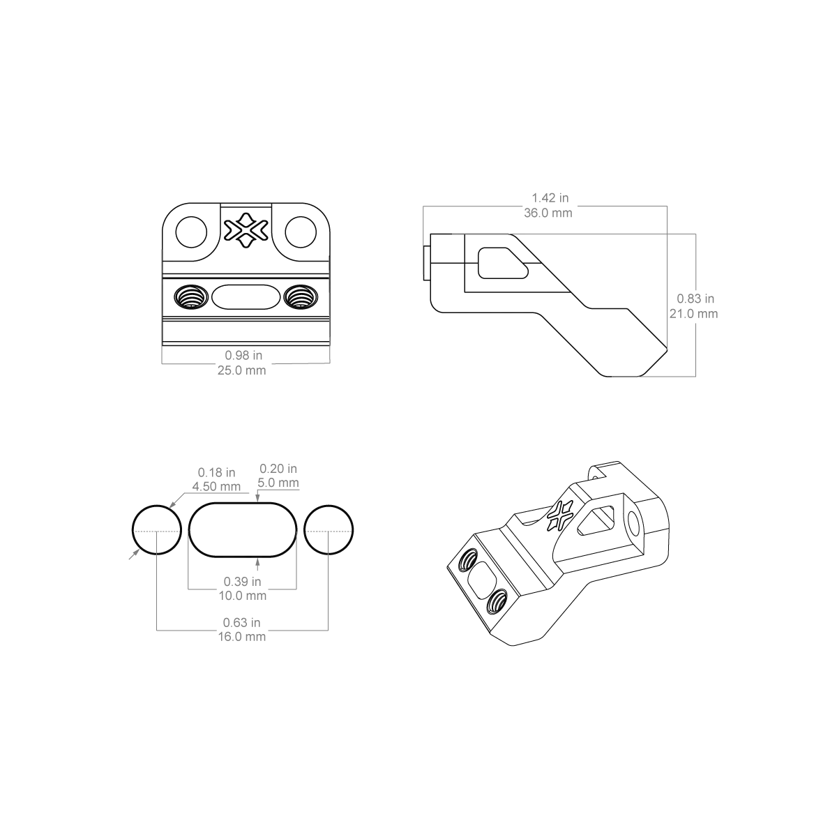 Technische Zeichnung des VAS™ 45° Offset Adapter - VAS Red Dot Sight Picatinny mit präzisen Maßen für optimale Kompatibilität und Montage