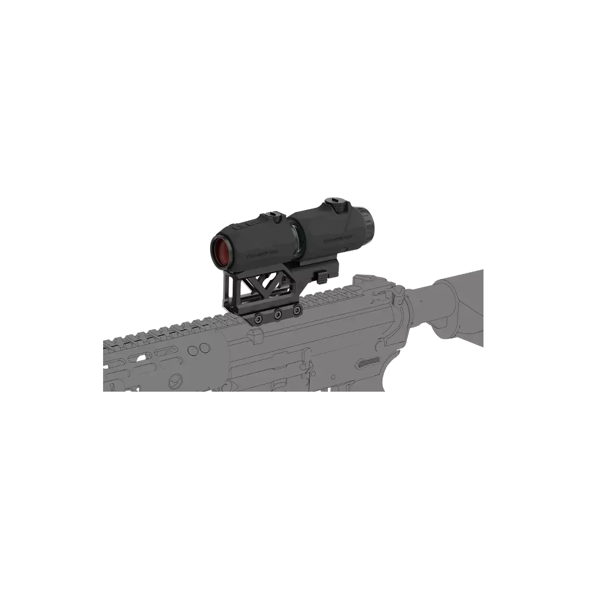 Montierter Maverick Flip-Magnifier auf einem Gewehr, zeigt die einfache Integration der Vector Optics Magnifier Montage für AR-Plattformen.