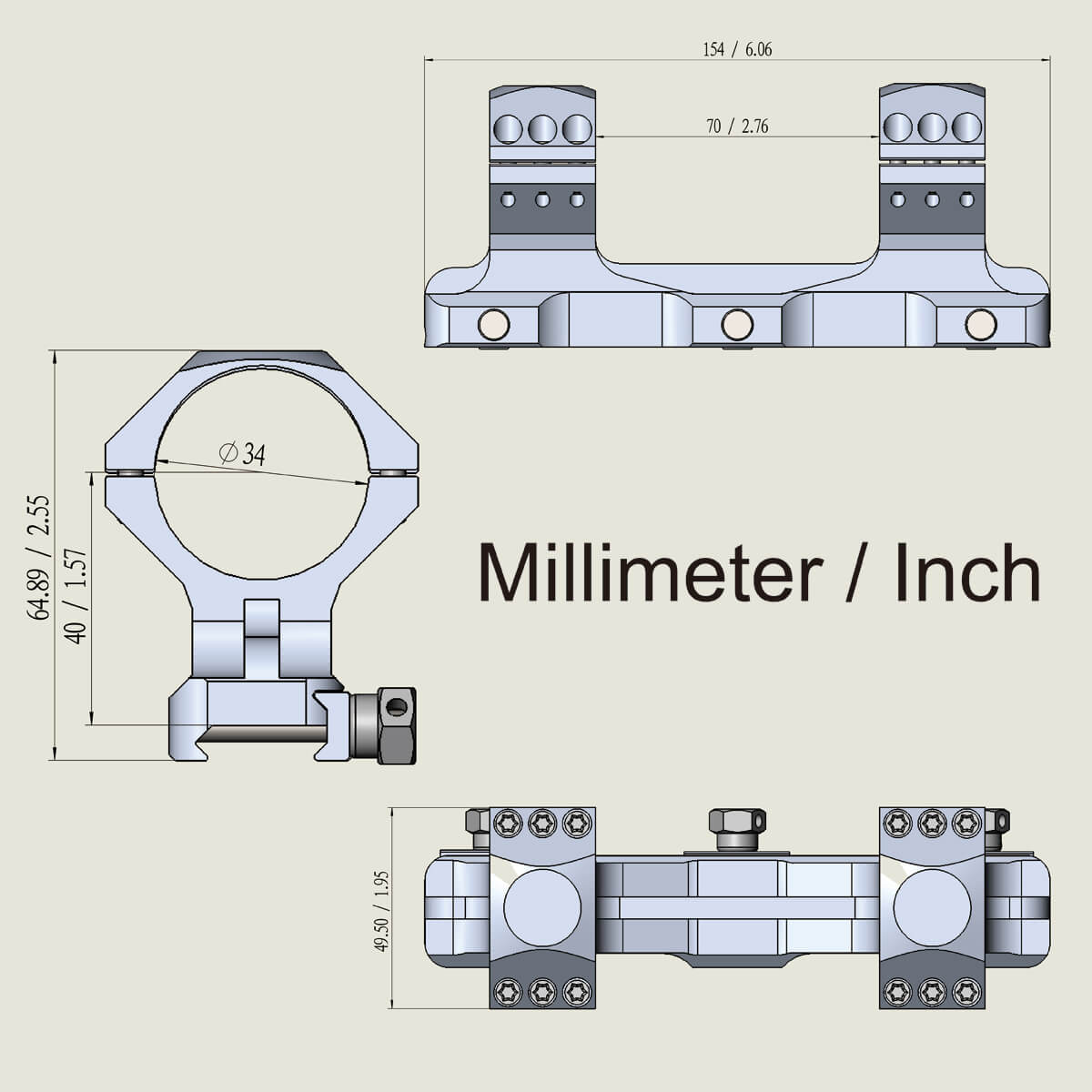 Technische Zeichnung der Blockmontage X-Accu 20MOA 34mm mit Maßangaben in mm und Zoll für exakte Montageplanung.
