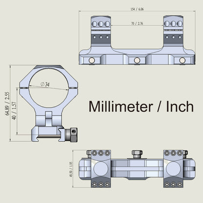 Technische Zeichnung der Blockmontage X-Accu 20MOA 34mm mit Maßangaben in mm und Zoll für exakte Montageplanung.