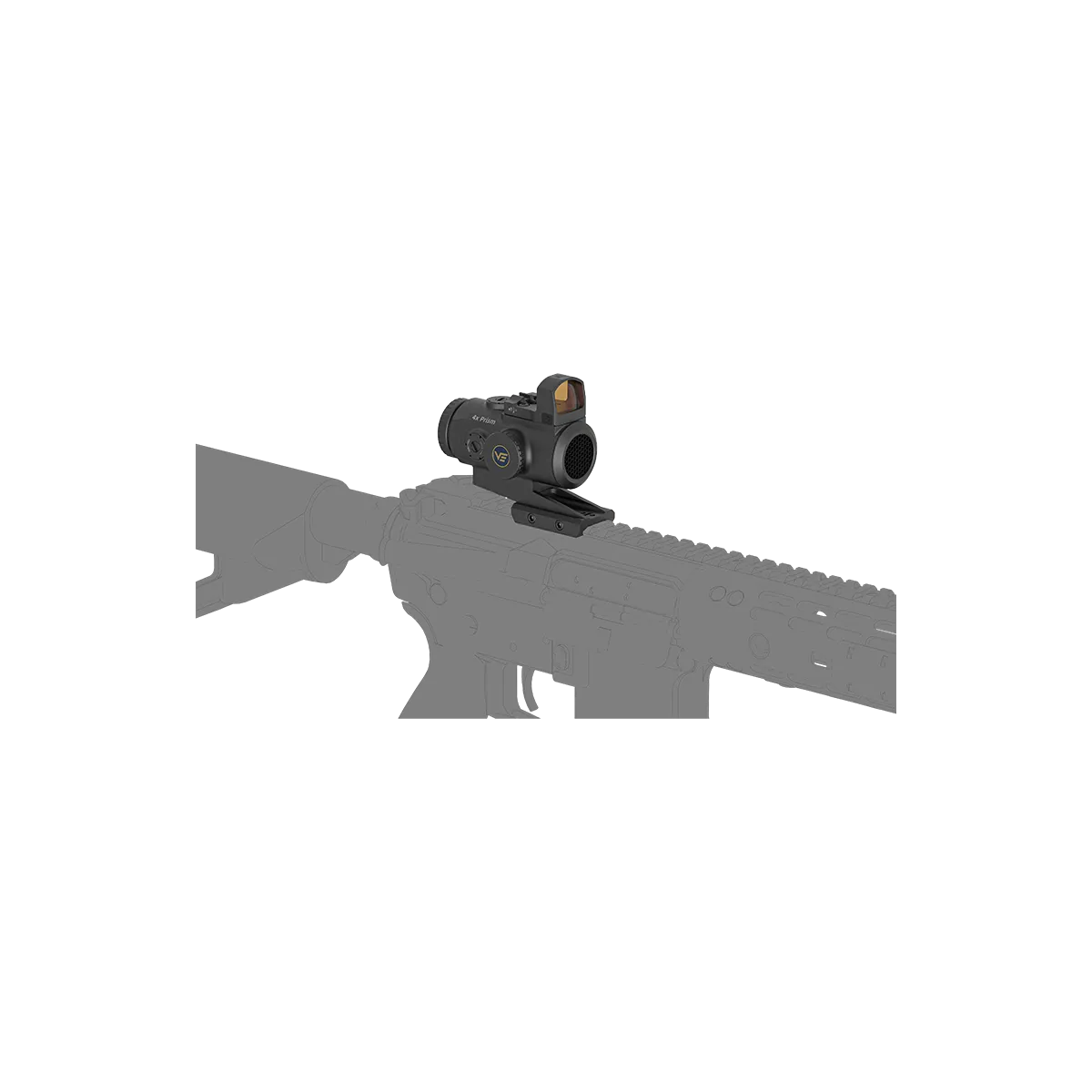 Montiertes Vector Optics 4x24 Prisma-Zielfernrohr mit Green Dot auf einer Waffe, ideal für taktische Anwendungen und mittlere Distanzen.