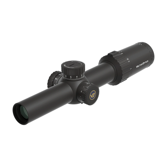 Vector Optics Tauron 1-6x24 FFP Zielfernrohr mit taktischen Verstelltürmen für präzise Zielerfassung bei IPSC und 3-Gun Anwendungen.