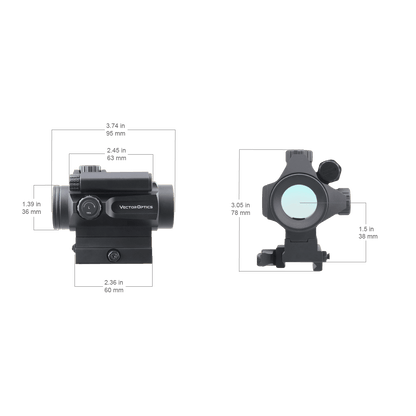 Technische Maße des Nautilus 1x30 Red Dot Visiers mit Schnellverschluss, kompakte Bauweise für einfache Montage auf Waffen.