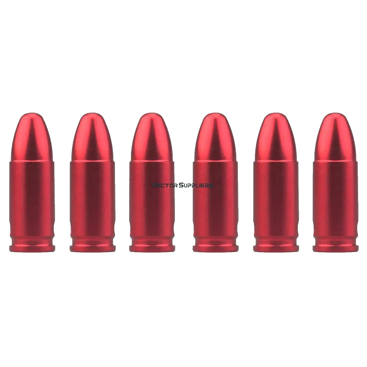 Set aus sechs roten Snap Caps im Kaliber 9mm aus eloxiertem Aluminium. Ideal für Nachlade- und Abzugstraining.