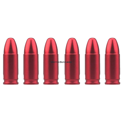 Set aus sechs roten Snap Caps im Kaliber 9mm aus eloxiertem Aluminium. Ideal für Nachlade- und Abzugstraining.