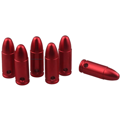 Rotes Snap Cap Set mit sechs Aluminium-Trainingspatronen für Pistolen. Mit Bohrungen zur sicheren Identifikation.