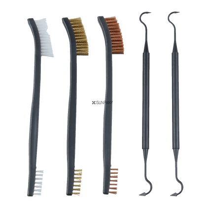 5er-Set Bürsten und Picks - Waffenreinigungsset mit Nylon-, Messing- und Stahlbürsten sowie zwei Reinigungs-Picks für präzise Waffenpflege.